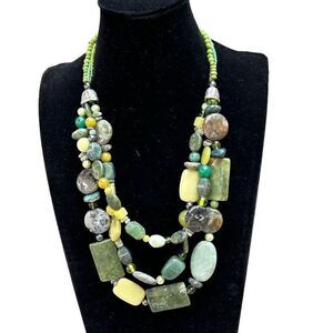 Handcrafted Layered Beaded Necklace Multicolor Heavy Multi Stone Triple Strand